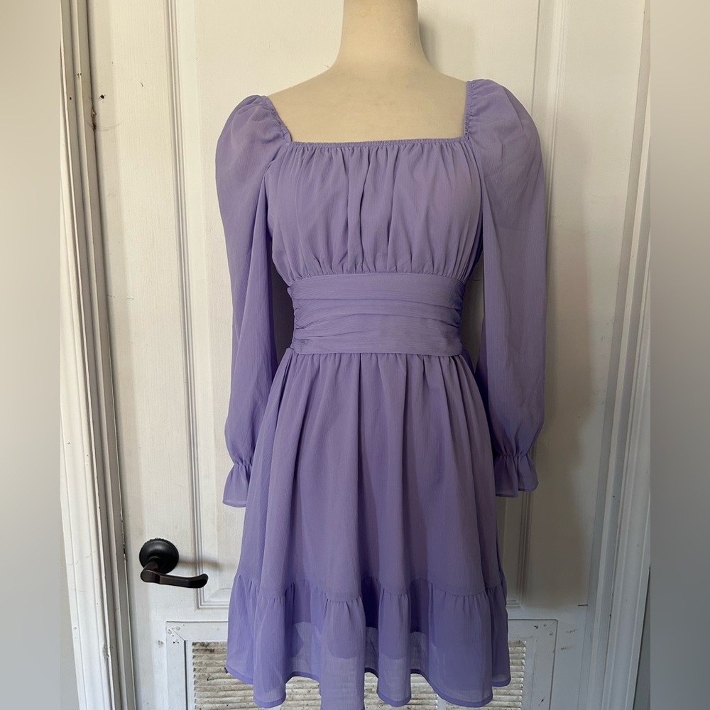 EXLURA Women's Purple Tie Back Lantern Sleeve Ruffle Dress Elastic Waist Sz XS